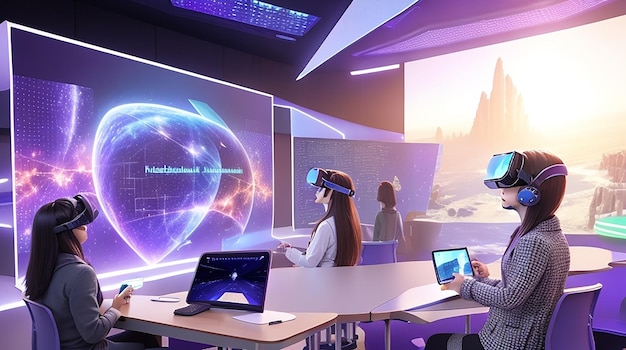 Une salle de classe futuriste avec des écrans holographiques, la réalité virtuelle intégrée à l'expérience d'apprentissage