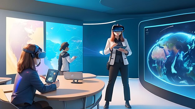 Une salle de classe futuriste avec écrans holographiques, réalité virtuelle intégrée à l'expérience d'apprentissage