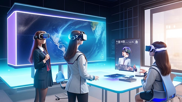 Une salle de classe holographique futuriste affiche la réalité virtuelle intégrée à l'expérience d'apprentissage
