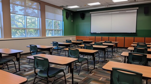 salle de classe intérieur de la salle de classe de l'école vide avec tableau blanc et bureaux en bois