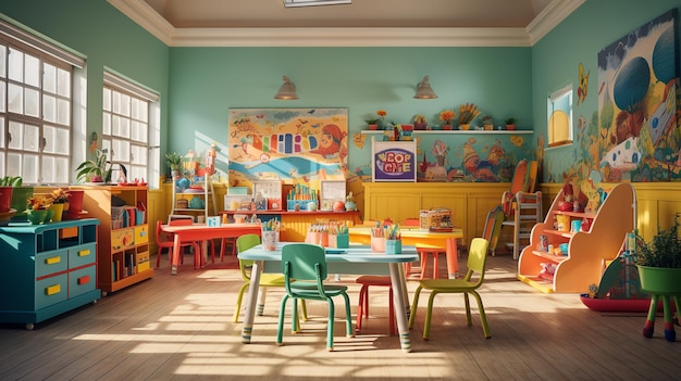 Salle de classe MATERNELLE colorée avec jouets et matériel pédagogique