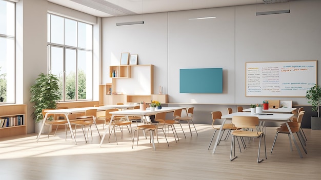 Salle de classe minimaliste propre et contemporaine avec sol beige