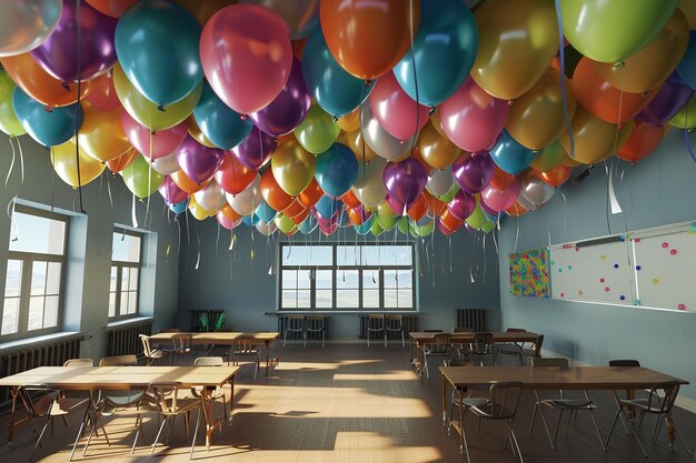 Une salle de classe ornée d'un plafond de ballon flottant