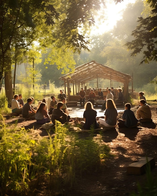 Une salle de classe en plein air, entourée de nature, où les élèves se rassemblent pour les leçons.