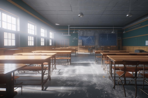 Une salle de classe avec quelques tables et une lumière traversant les fenêtres