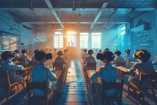 Une salle de classe de réalité virtuelle pleine d'étudiants apprenant l'IA générée