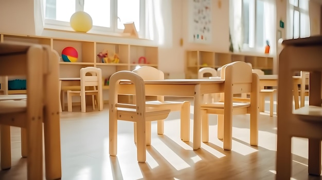 Une salle de classe avec une table et des chaises en bois devant