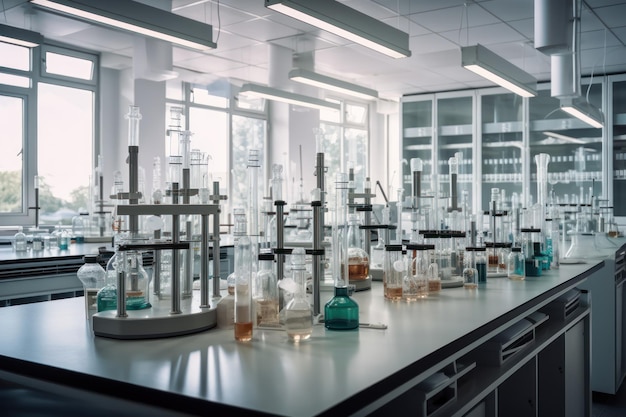 Une salle de classe avec une table et des chaises avec un laboratoire et des étagères pleines de chimie.