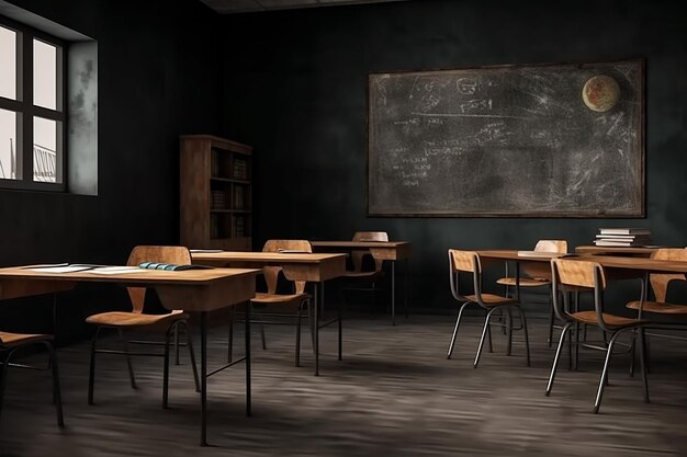 Salle de classe avec table et tableau noir