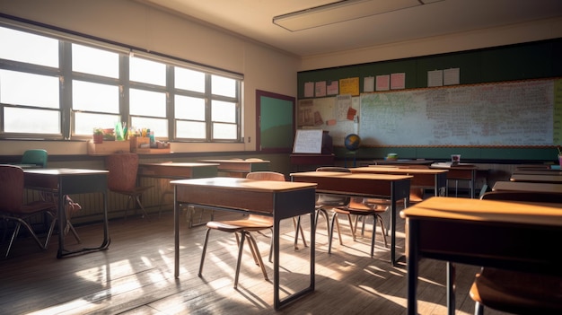 Une salle de classe avec un tableau noir et des bureaux IA générative