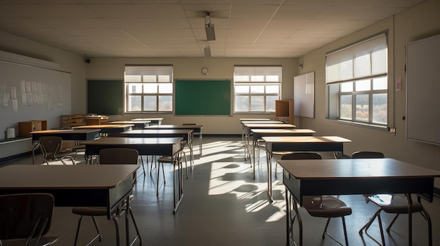 Une salle de classe avec un tableau noir sur le mur et une fenêtre qui dit "école" dessus