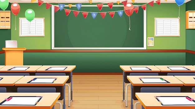 une salle de classe avec un tableau vert avec les mots école dessus