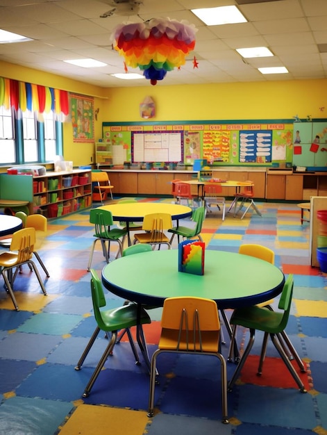 Photo une salle de classe avec des tables et des chaises avec des arcs-en-ciel sur le mur.