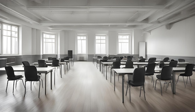 une salle de classe avec des tables et des chaises avec une qui dit conférence