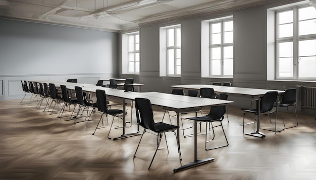 une salle de classe avec des tables et des chaises avec une qui dit que personne