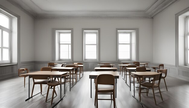 une salle de classe avec des tables et des chaises avec une qui dit que personne