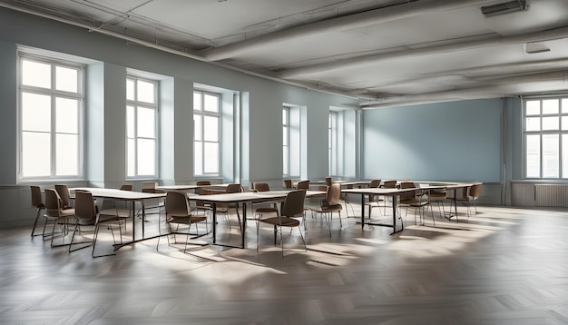 une salle de classe avec des tables et des chaises avec des tableaux et des chaires