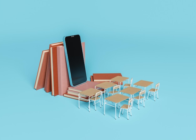 salle de classe avec téléphone portable sur des livres et des bureaux devant