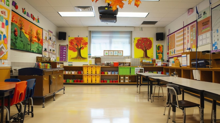 Photo une salle de classe sur le thème de l'automne brillant prête à apprendre ai generative