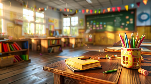 Salle de classe traditionnelle salle de classe vide avec des bureaux et un tableau prêt pour les élèves et les leçons