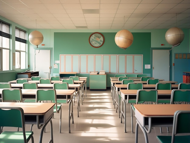 Une salle de classe verte exhalant de la chaleur grâce à ses meubles et à sa conception Génération d'IA