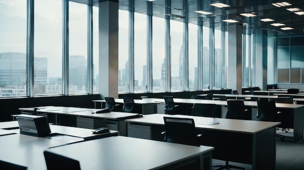 Une salle de classe vide avec beaucoup de bureaux