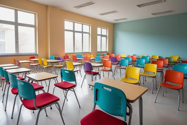 Une salle de classe vide avec beaucoup de fauteuils colorés vides