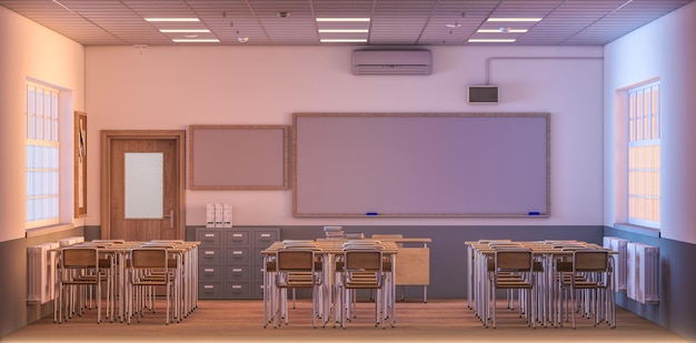 Une salle de classe vide avec des bureaux en bois.
