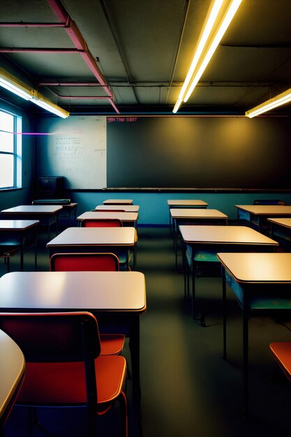 Une salle de classe vide avec des bureaux et des chaises