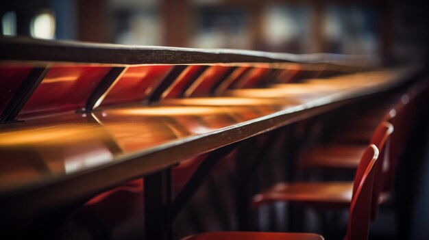 Une salle de classe vide avec des chaises, des bureaux et un tableau noir.