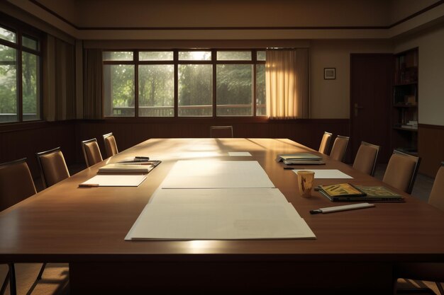 Une salle de classe vide avec des chaises, des bureaux et un tableau.