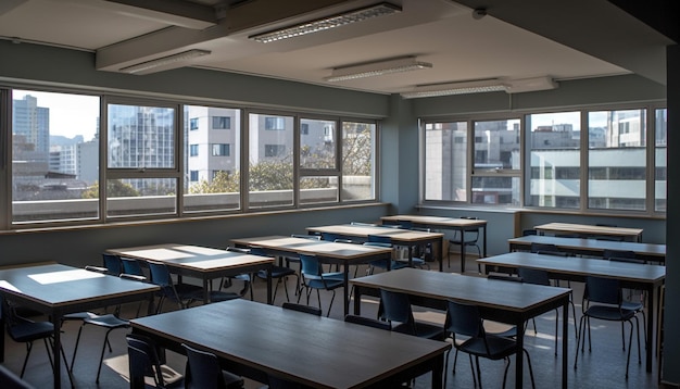 Salle de classe vide avec un design moderne et un parquet généré par l'IA