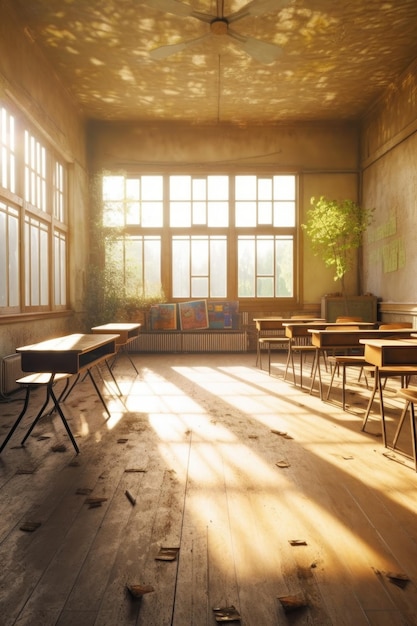 Salle de classe vide avec flux de lumière du soleil créé avec une IA générative