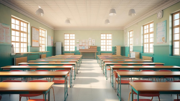 Salle de classe vide et lumineuse avec toutes les chaises tournées vers l'avant AI générative