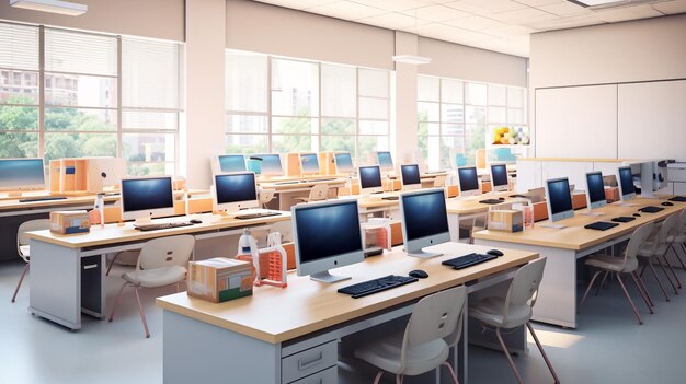 salle de classe vide pour les élèves de l'école primaire les tables et les chaises sont soigneusement alignées aucun élève