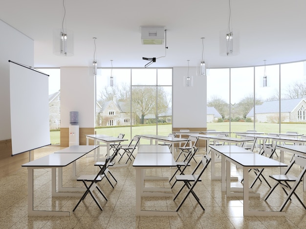 Salle de classe vide pour les étudiants avec équipement moderne et cuisine. rendu 3D.