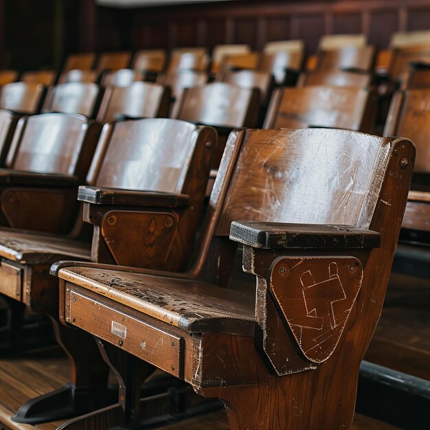 Photo salle de classe vide avec des rangées de chaises orange et un tableau noir photographie scolaire vintage