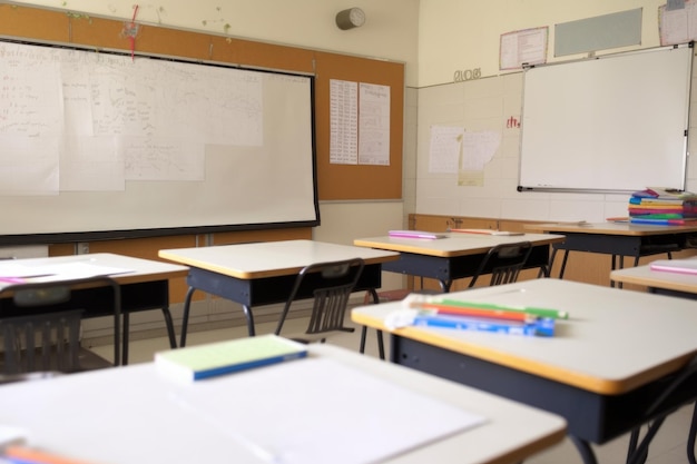 Salle de classe vide avec tableau blanc et marqueurs prêts pour le plan de cours créé avec générative ai