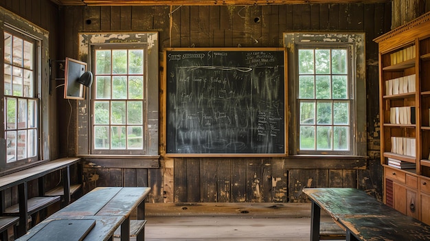 Photo une salle de classe vintage avec des murs et des planchers en bois, deux fenêtres, un tableau noir et plusieurs bureaux et chaises en bois.