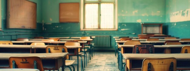 Salle de classe vintage Retour à l'école dans l'intérieur du lycée avec des chaises et des bureaux en bois embrassant l'essence de l'enseignement secondaire