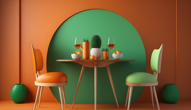 Une salle colorée avec des chaises orange et vertes et une table avec des chaises orange et vertes.