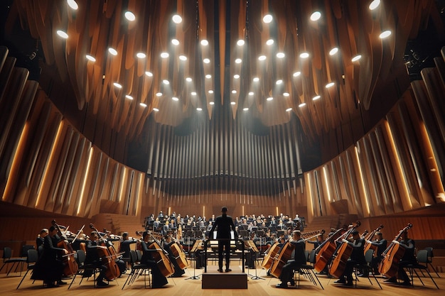 Photo une salle de concert avec un homme debout devant une grande scène avec un chef d'orchestre au milieu