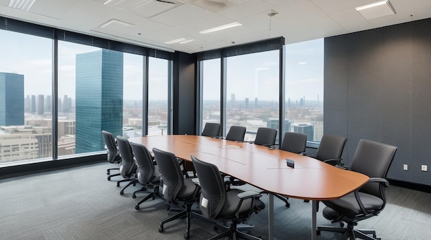 Une salle de conférence de bureau moderne avec un mobilier élégant et de grandes fenêtres laissant entrer la lumière naturelle