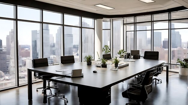 Une salle de conférence avec un bureau et un mur de fenêtres qui dit « le bureau »