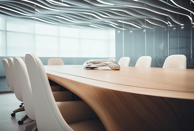 salle de conférence avec des chaises en cuir blanc et des tables en bois dans le style de l'accent sur les articulations