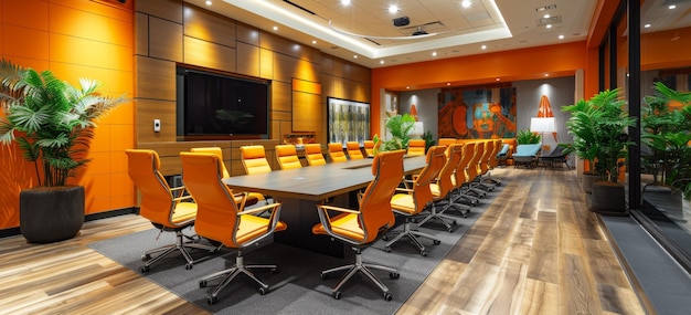 Photo salle de conférence avec des chaises orange et une télévision à écran plat