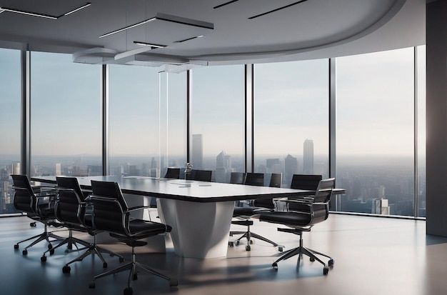 une salle de conférence élégante avec des murs de verre et une vue panoramique sur la ville