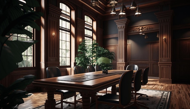 Une salle de conférence avec une grande table et des chaises en bois.