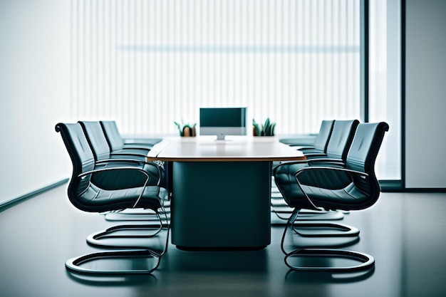 Une salle de conférence avec une grande table et des chaises avec un ordinateur portable dessus.