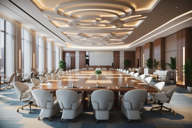 une salle de conférence avec une grande table de conférence et des chaises